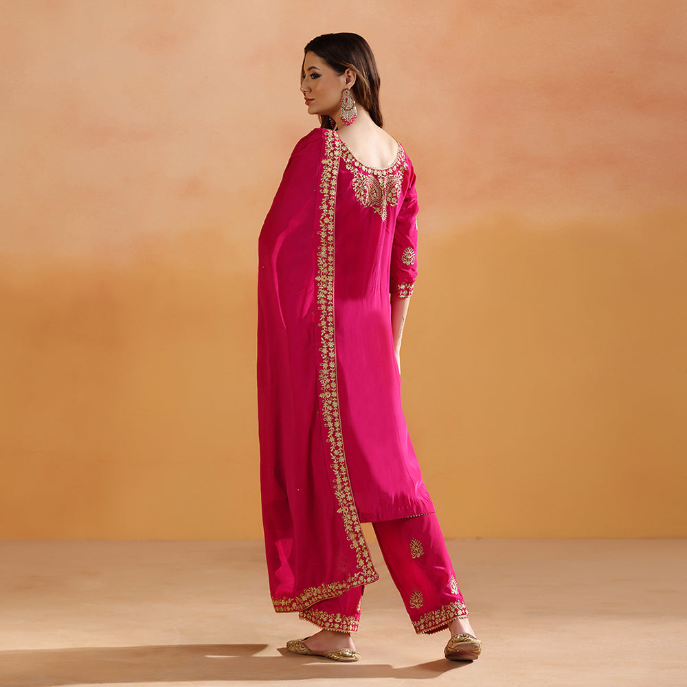 A Rani Pink Suit With Paisley Embroidery & Scattered Motifs, Paired With A Matching Palazzo & Gold-Bordered Dupatta - image 3
