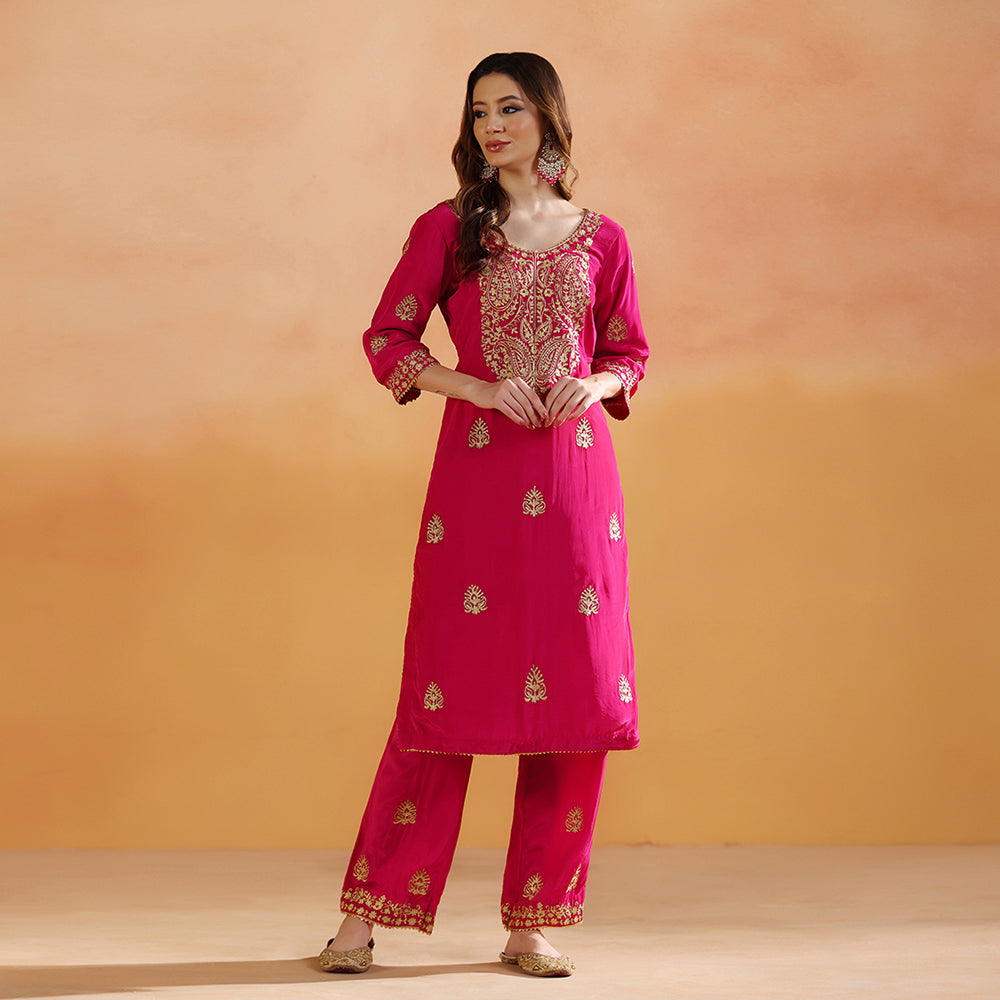 A Rani Pink Suit With Paisley Embroidery & Scattered Motifs, Paired With A Matching Palazzo & Gold-Bordered Dupatta - image 4