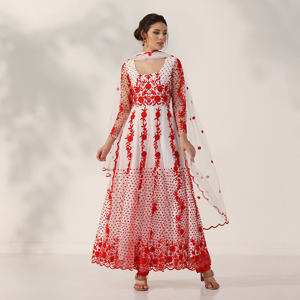 Red Resham Thread Embroidered Anarkali Set - image 1