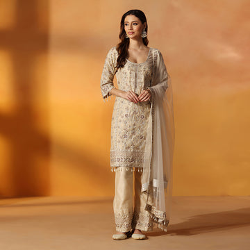 Soft Beige-Gold Suit With Floral Thread Work & Sequin Embroidery, Paired With Matching Embroidered Straight Pants & Sheer Net Dupatta - image 1