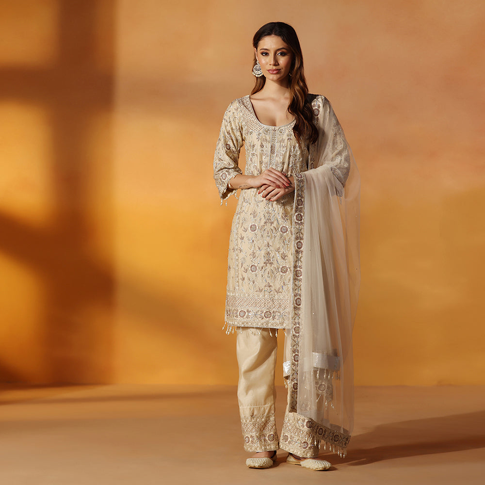 Soft Beige-Gold Suit With Floral Thread Work & Sequin Embroidery, Paired With Matching Embroidered Straight Pants & Sheer Net Dupatta - image 2