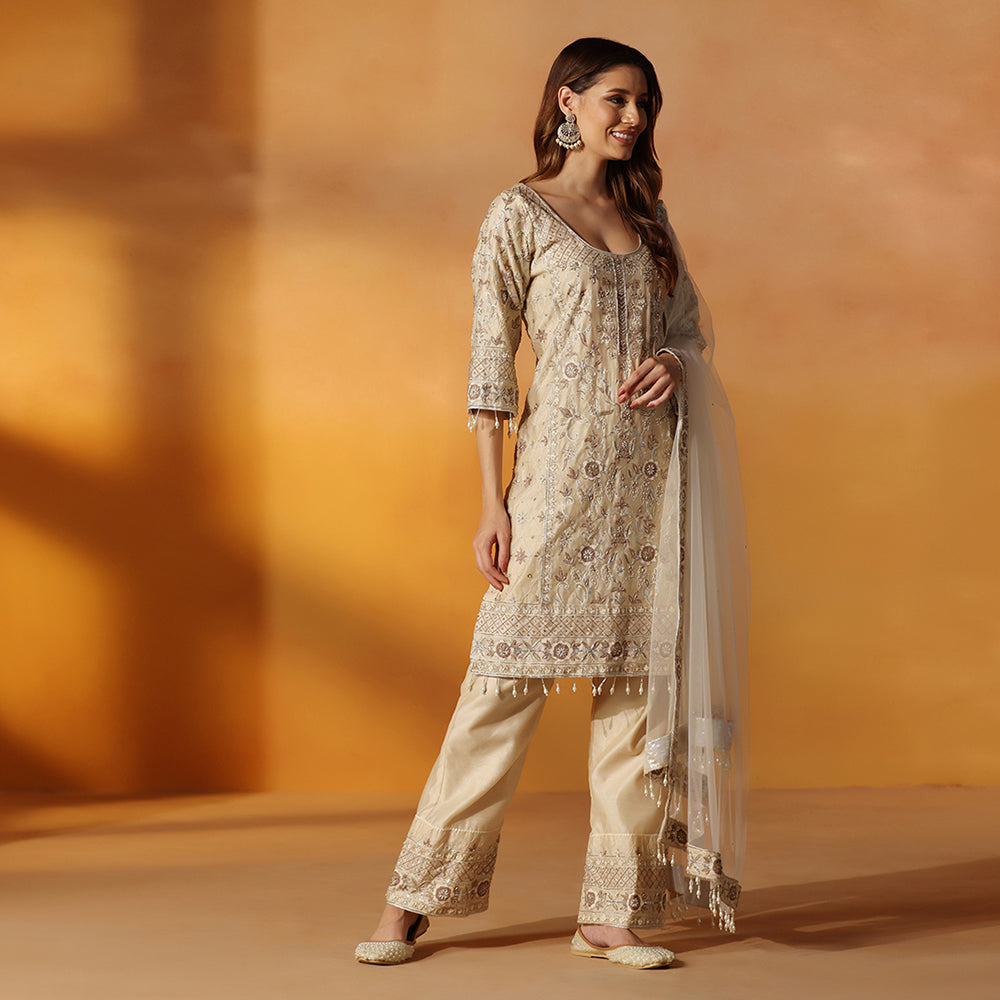 Soft Beige-Gold Suit With Floral Thread Work & Sequin Embroidery, Paired With Matching Embroidered Straight Pants & Sheer Net Dupatta - image 4