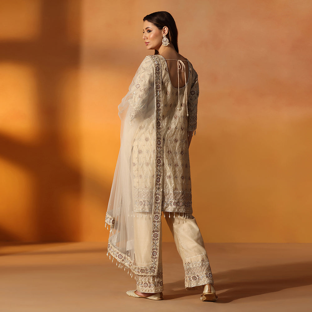 Soft Beige-Gold Suit With Floral Thread Work & Sequin Embroidery, Paired With Matching Embroidered Straight Pants & Sheer Net Dupatta - image 5