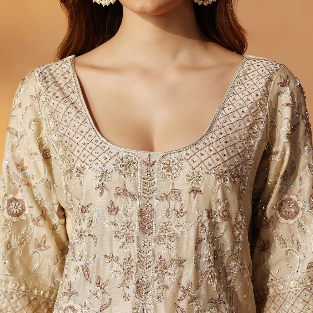 Soft Beige-Gold Suit With Floral Thread Work & Sequin Embroidery, Paired With Matching Embroidered Straight Pants & Sheer Net Dupatta - image 6