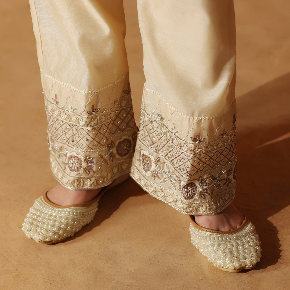 Soft Beige-Gold Suit With Floral Thread Work & Sequin Embroidery, Paired With Matching Embroidered Straight Pants & Sheer Net Dupatta - image 8