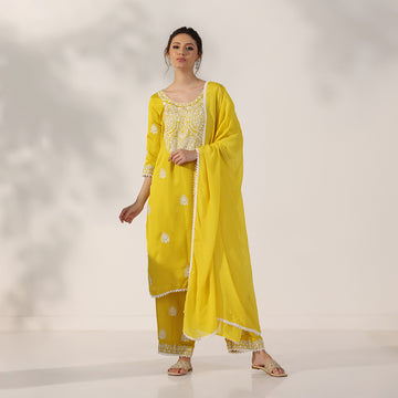 Mustard Yellow Suit With White Thread-Embroidered Yoke & Scattered Motifs, Paired With Matching Embroidered Pants & Lace-Trimmed Dupatta - image 1