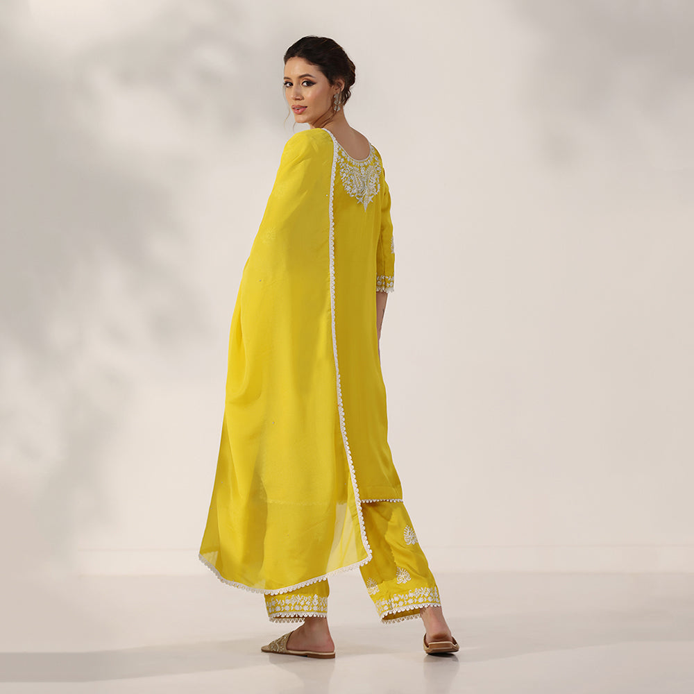 Mustard Yellow Suit With White Thread-Embroidered Yoke & Scattered Motifs, Paired With Matching Embroidered Pants & Lace-Trimmed Dupatta - image 5