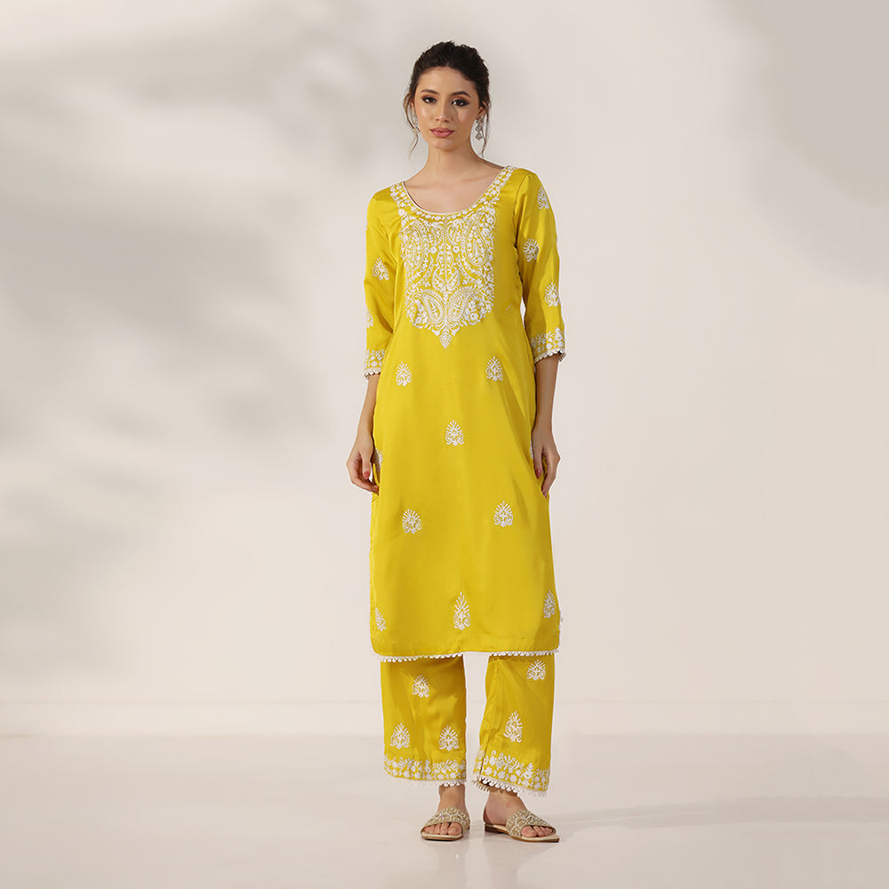 Mustard Yellow Suit With White Thread-Embroidered Yoke & Scattered Motifs, Paired With Matching Embroidered Pants & Lace-Trimmed Dupatta - image 6