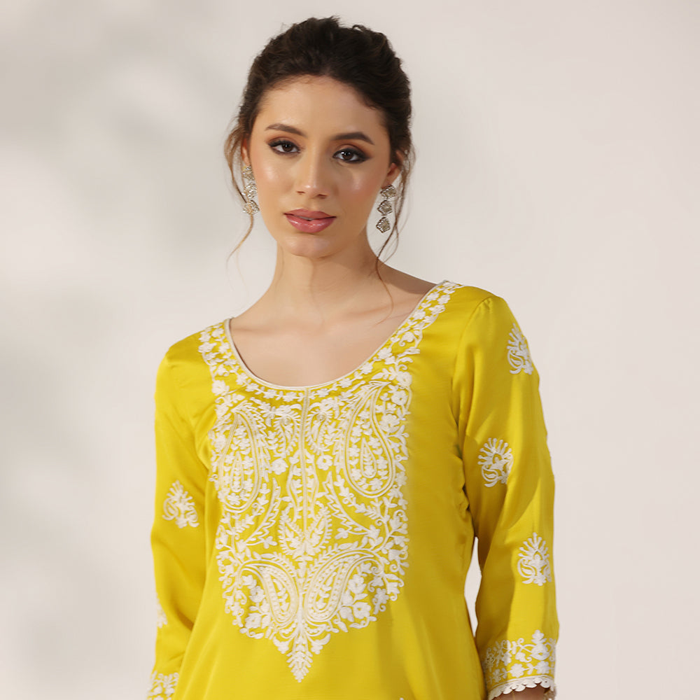 Mustard Yellow Suit With White Thread-Embroidered Yoke & Scattered Motifs, Paired With Matching Embroidered Pants & Lace-Trimmed Dupatta - image 7