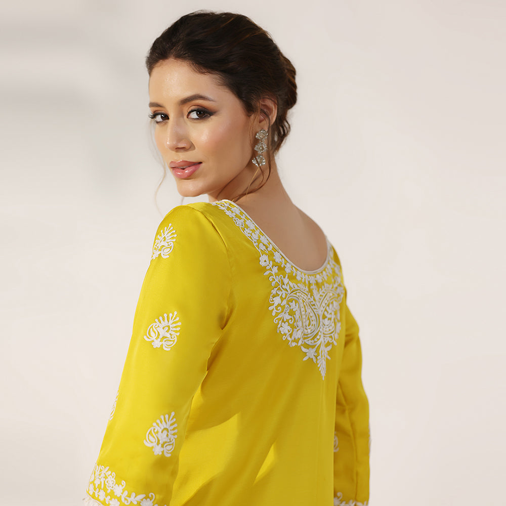 Mustard Yellow Suit With White Thread-Embroidered Yoke & Scattered Motifs, Paired With Matching Embroidered Pants & Lace-Trimmed Dupatta - image 9