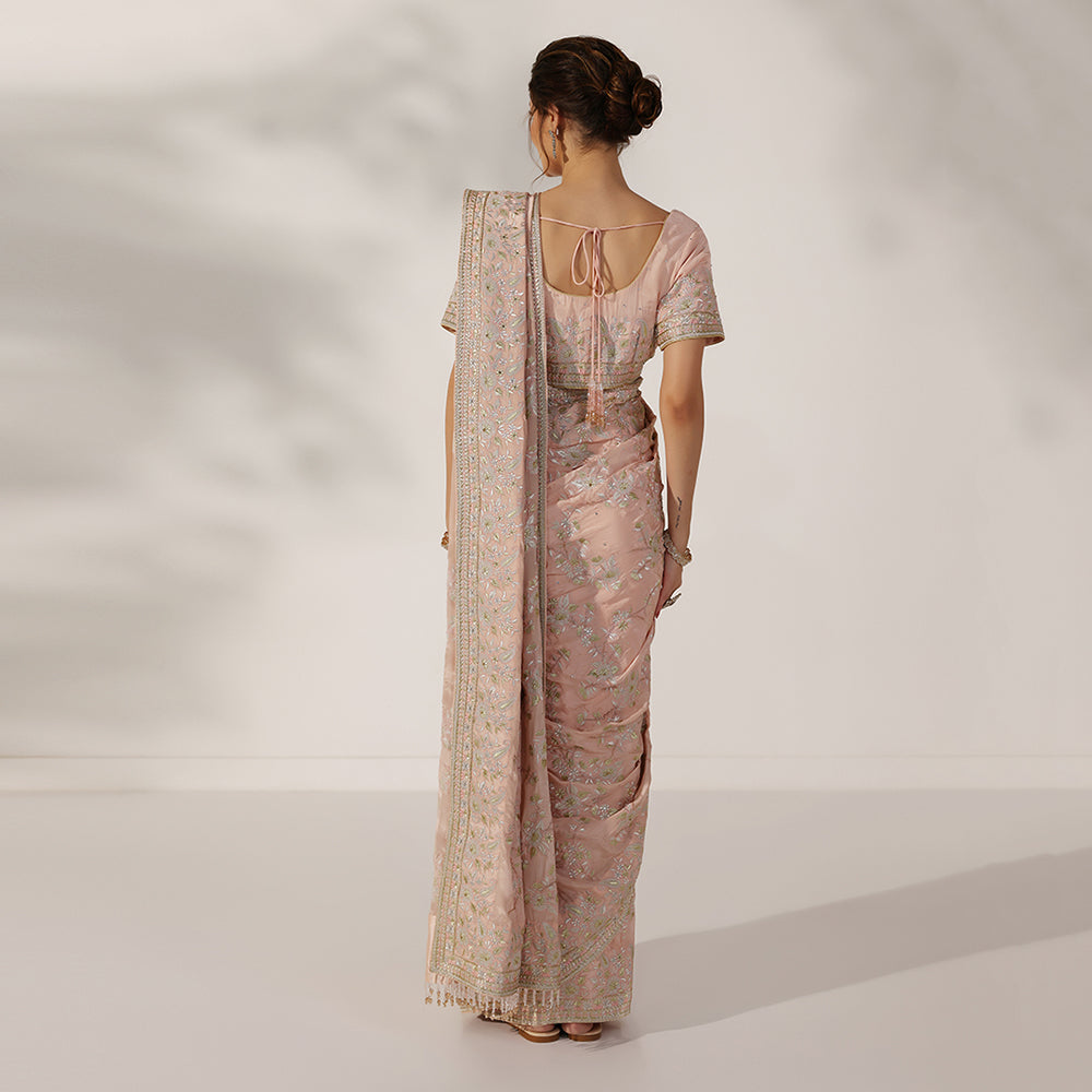 Dusty Rose Peach Saree With Delicate Floral Embroidery, Gold Zari Border, & Matching Embroidered Blouse - image 2