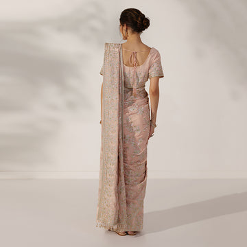 Dusty Rose Peach Saree With Delicate Floral Embroidery, Gold Zari Border, & Matching Embroidered Blouse - image 2