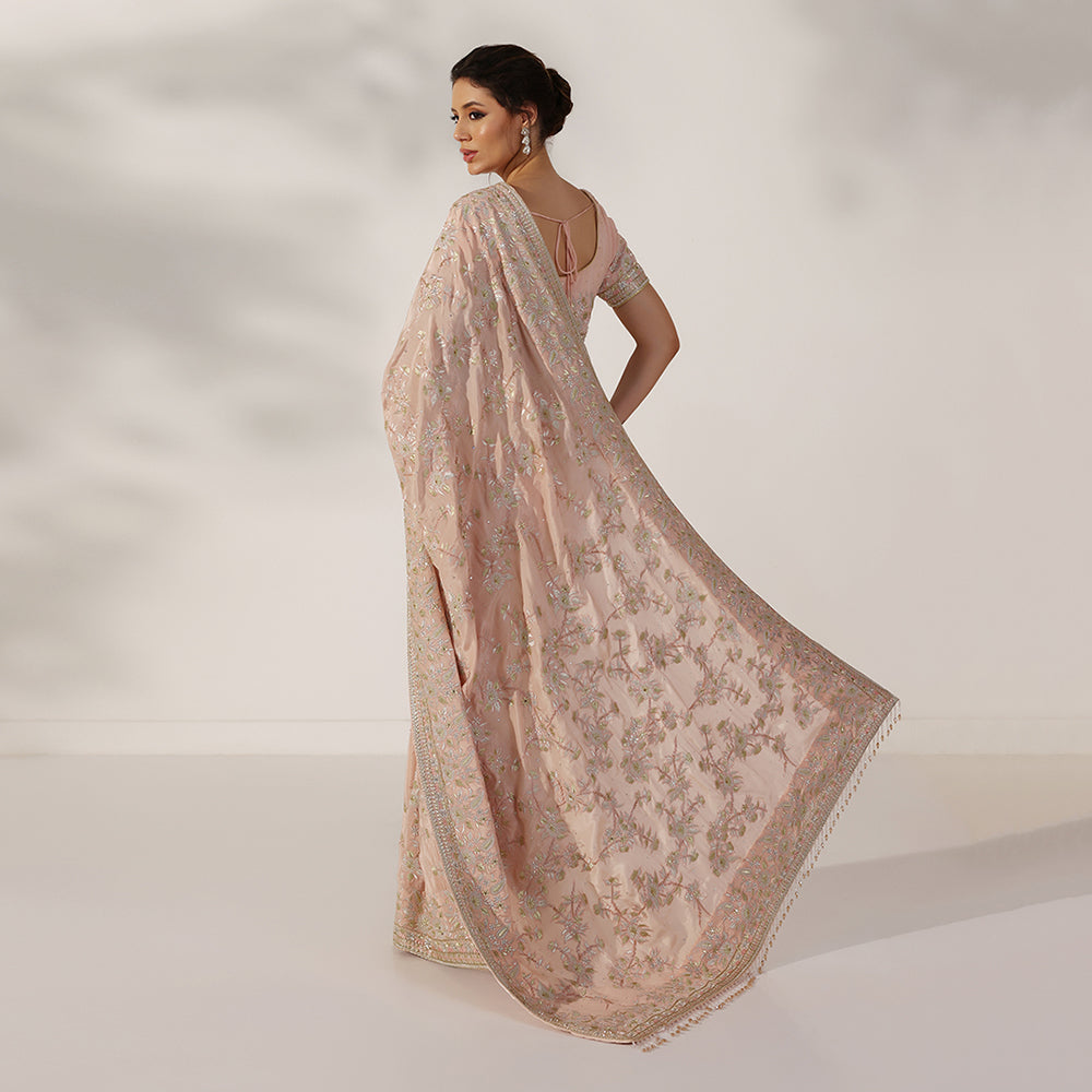 Dusty Rose Peach Saree With Delicate Floral Embroidery, Gold Zari Border, & Matching Embroidered Blouse - image 4