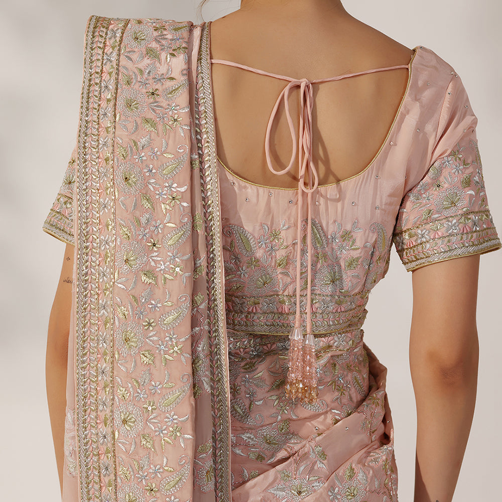 Dusty Rose Peach Saree With Delicate Floral Embroidery, Gold Zari Border, & Matching Embroidered Blouse - image 6