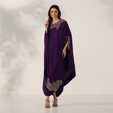 Deep Purple Draped Kaftan Dress With Dabka Work Embroidery, Featuring Flowing Cape Sleeves & Cowl-Style Hem, Paired With Draped Skirt - image 1