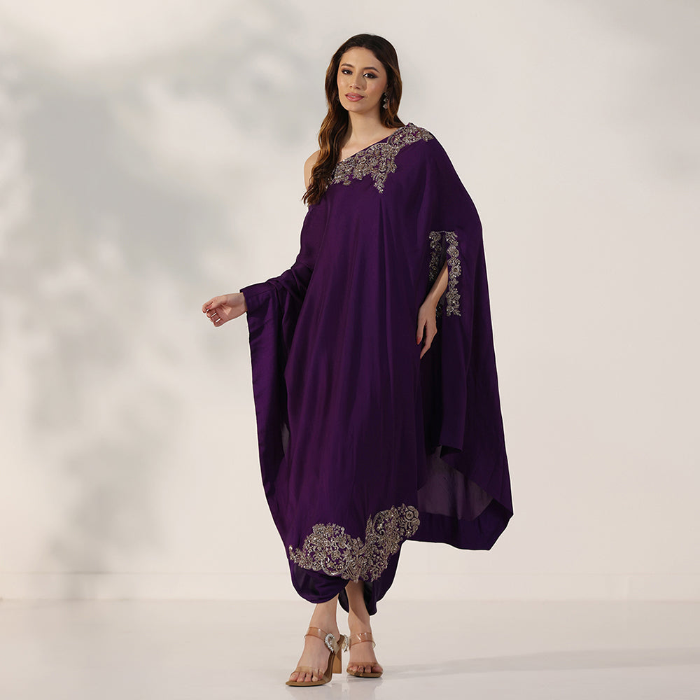 Deep Purple Draped Kaftan Dress With Dabka Work Embroidery, Featuring Flowing Cape Sleeves & Cowl-Style Hem, Paired With Draped Skirt - image 2