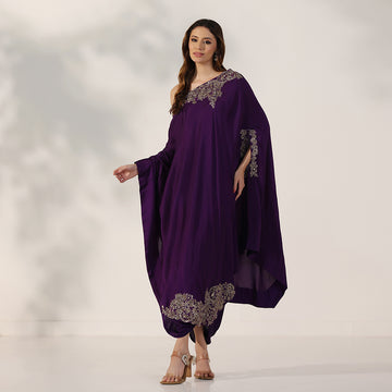 Deep Purple Draped Kaftan Dress With Dabka Work Embroidery, Featuring Flowing Cape Sleeves & Cowl-Style Hem, Paired With Draped Skirt - image 2