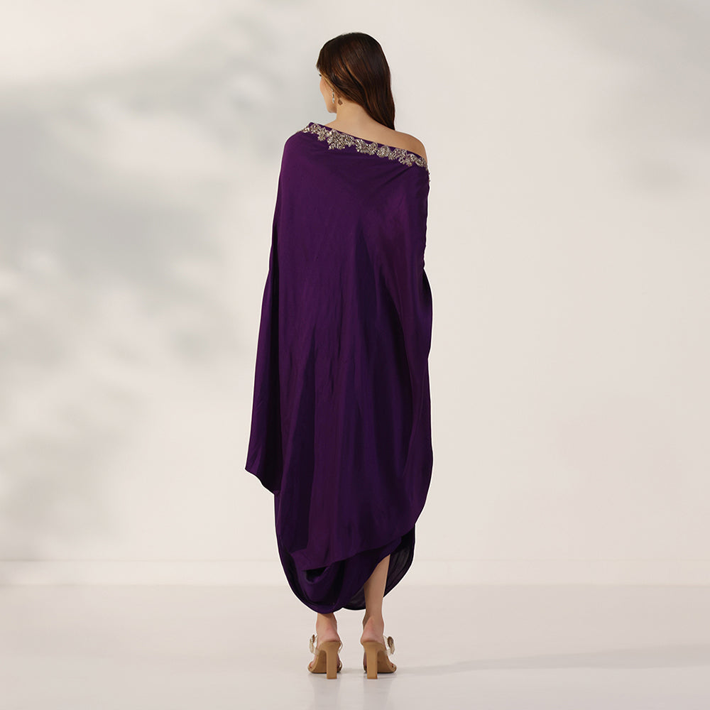 Deep Purple Draped Kaftan Dress With Dabka Work Embroidery, Featuring Flowing Cape Sleeves & Cowl-Style Hem, Paired With Draped Skirt - image 4