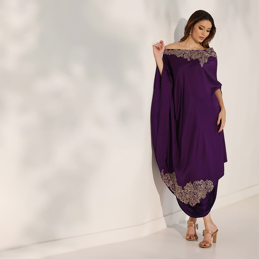 Deep Purple Draped Kaftan Dress With Dabka Work Embroidery, Featuring Flowing Cape Sleeves & Cowl-Style Hem, Paired With Draped Skirt - image 5