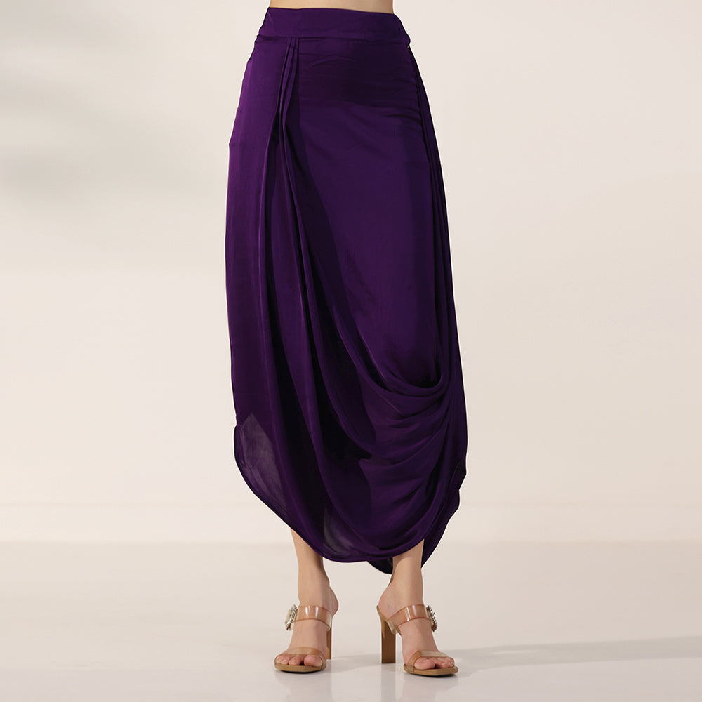 Deep Purple Draped Kaftan Dress With Dabka Work Embroidery, Featuring Flowing Cape Sleeves & Cowl-Style Hem, Paired With Draped Skirt - image 7