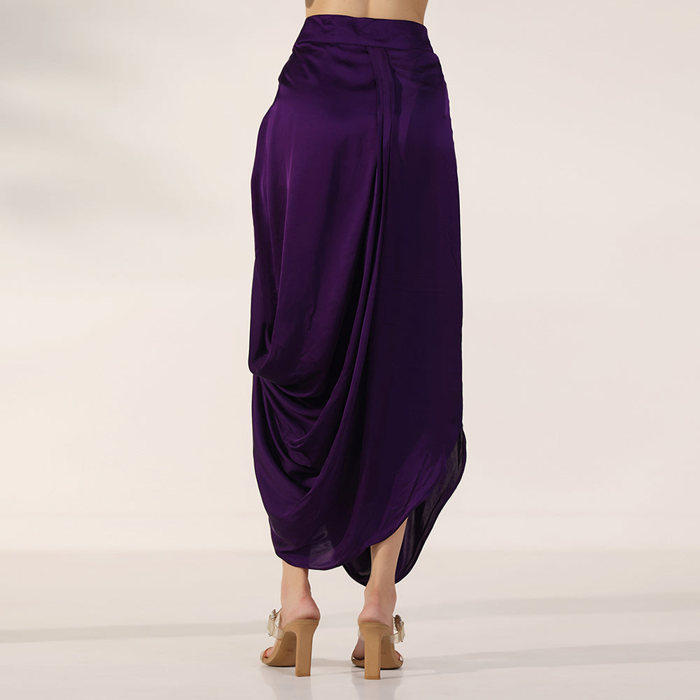 Deep Purple Draped Kaftan Dress With Dabka Work Embroidery, Featuring Flowing Cape Sleeves & Cowl-Style Hem, Paired With Draped Skirt - image 8