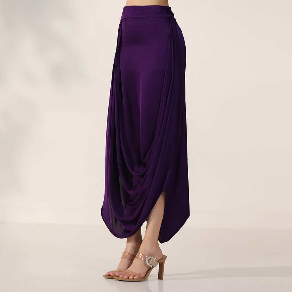 Deep Purple Draped Kaftan Dress With Dabka Work Embroidery, Featuring Flowing Cape Sleeves & Cowl-Style Hem, Paired With Draped Skirt - image 9