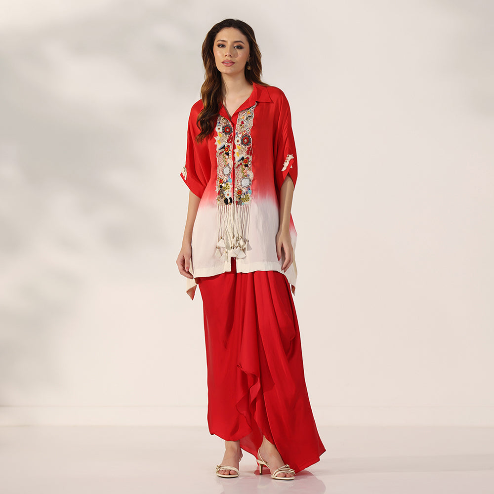 Red-To-Ivory Ombré Kaftan Shirt With Colorful Embroidered Placket & Tassel Details, Paired With Red Draped Skirt - image 1