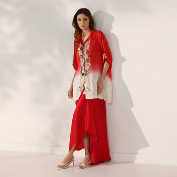 Red-To-Ivory Ombré Kaftan Shirt With Colorful Embroidered Placket & Tassel Details, Paired With Red Draped Skirt - image 2