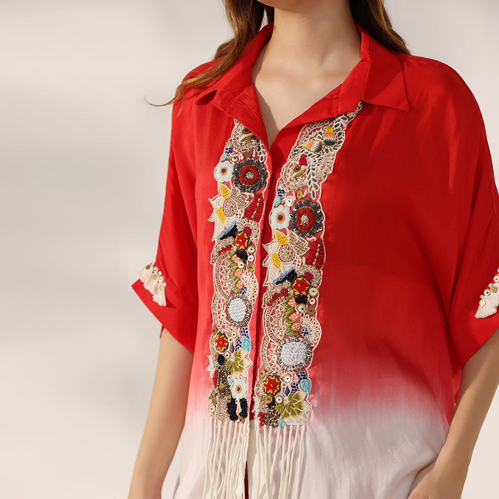 Red-To-Ivory Ombré Kaftan Shirt With Colorful Embroidered Placket & Tassel Details, Paired With Red Draped Skirt - image 6