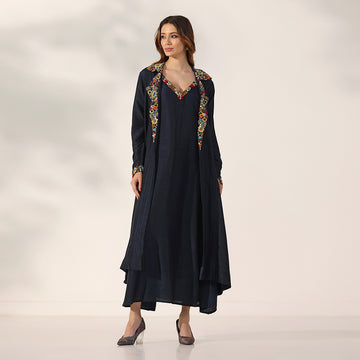 Midnight Navy Longline Jacket With Vibrant Multicolour Floral Embroidery On The Collar & Cuffs, Layered Over Matching V-Neck Inner Dress - image 2