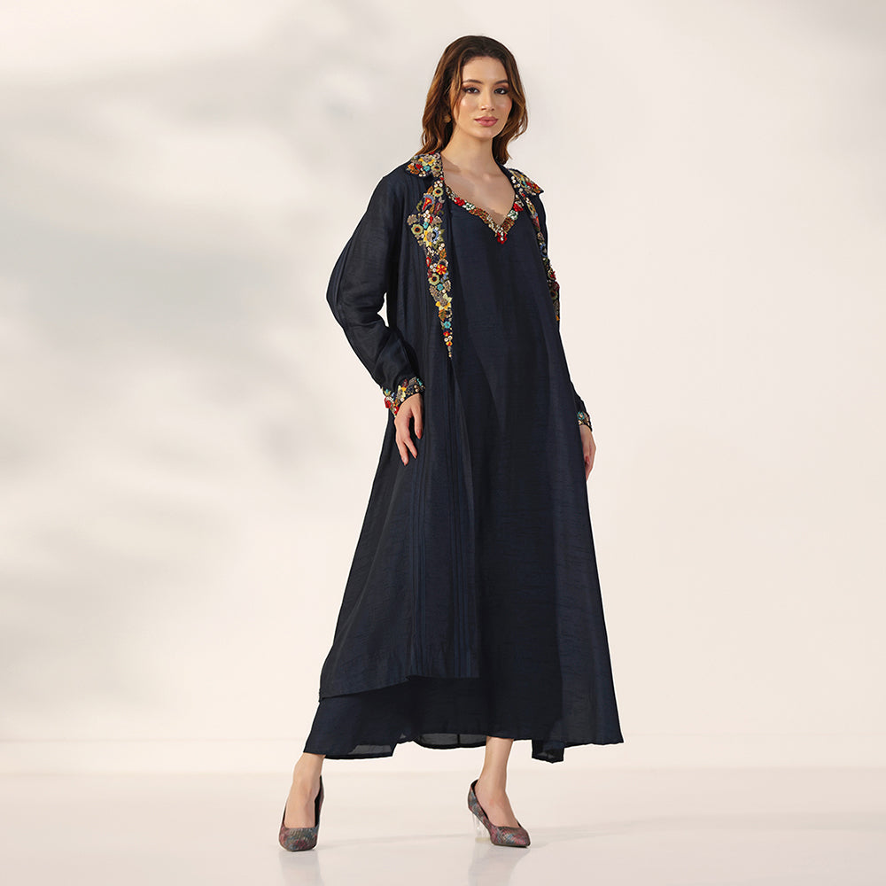Midnight Navy Longline Jacket With Vibrant Multicolour Floral Embroidery On The Collar & Cuffs, Layered Over Matching V-Neck Inner Dress - image 3