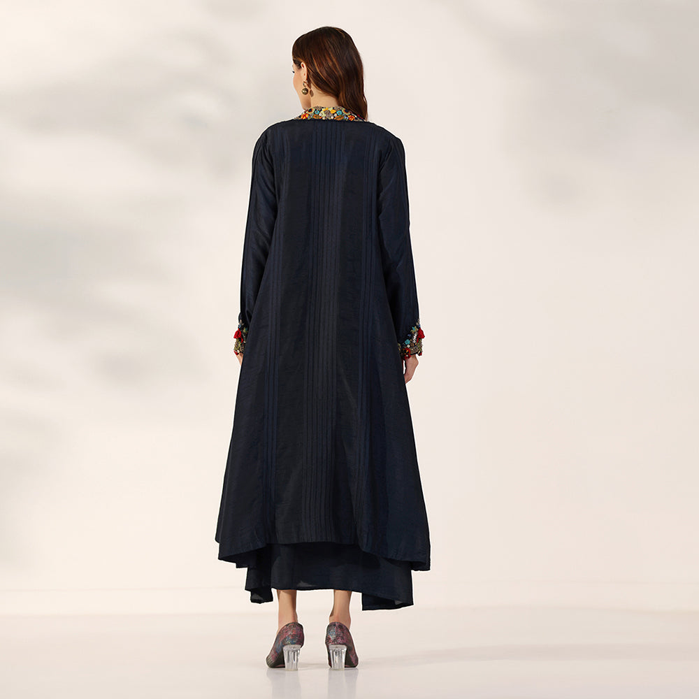 Midnight Navy Longline Jacket With Vibrant Multicolour Floral Embroidery On The Collar & Cuffs, Layered Over Matching V-Neck Inner Dress - image 4