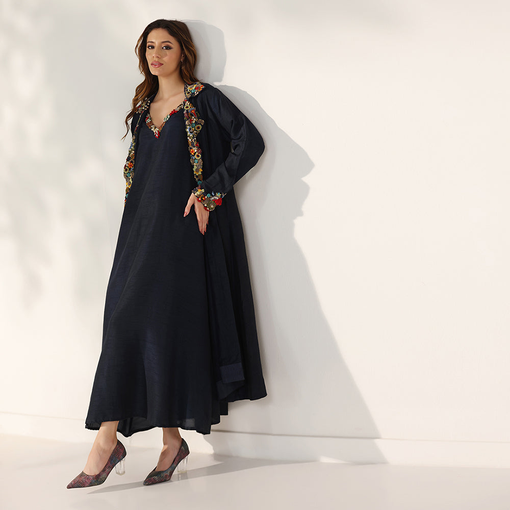 Midnight Navy Longline Jacket With Vibrant Multicolour Floral Embroidery On The Collar & Cuffs, Layered Over Matching V-Neck Inner Dress - image 5