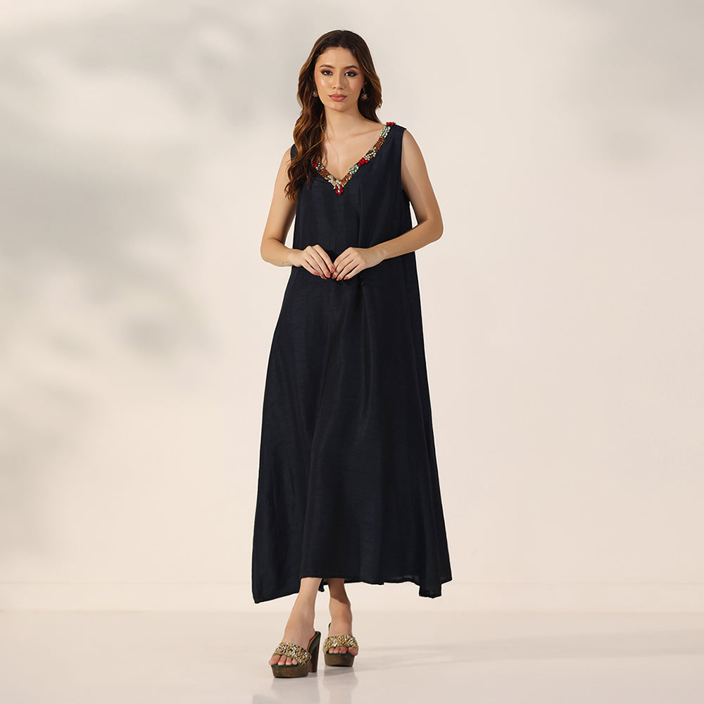 Midnight Navy Longline Jacket With Vibrant Multicolour Floral Embroidery On The Collar & Cuffs, Layered Over Matching V-Neck Inner Dress - image 6