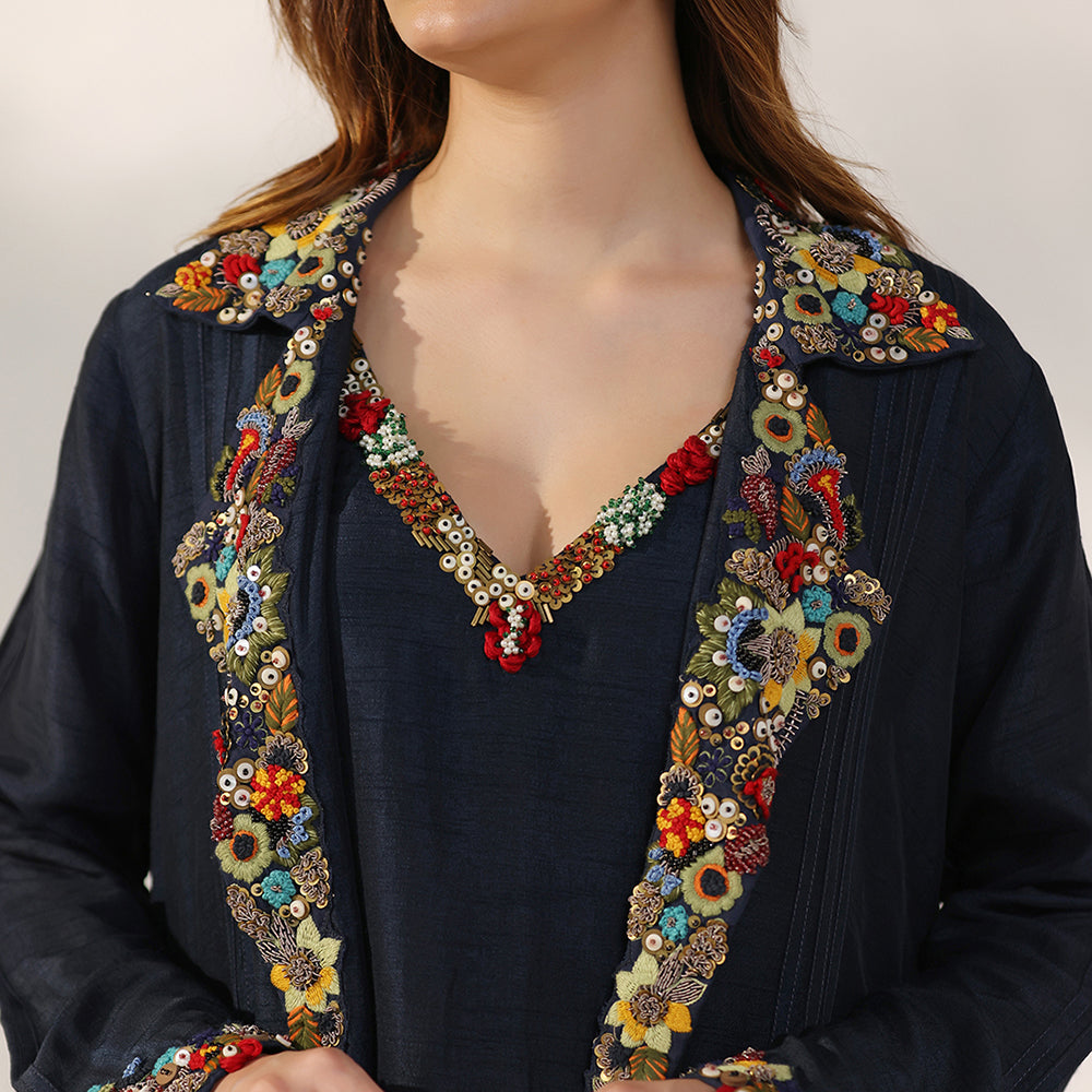 Midnight Navy Longline Jacket With Vibrant Multicolour Floral Embroidery On The Collar & Cuffs, Layered Over Matching V-Neck Inner Dress - image 7