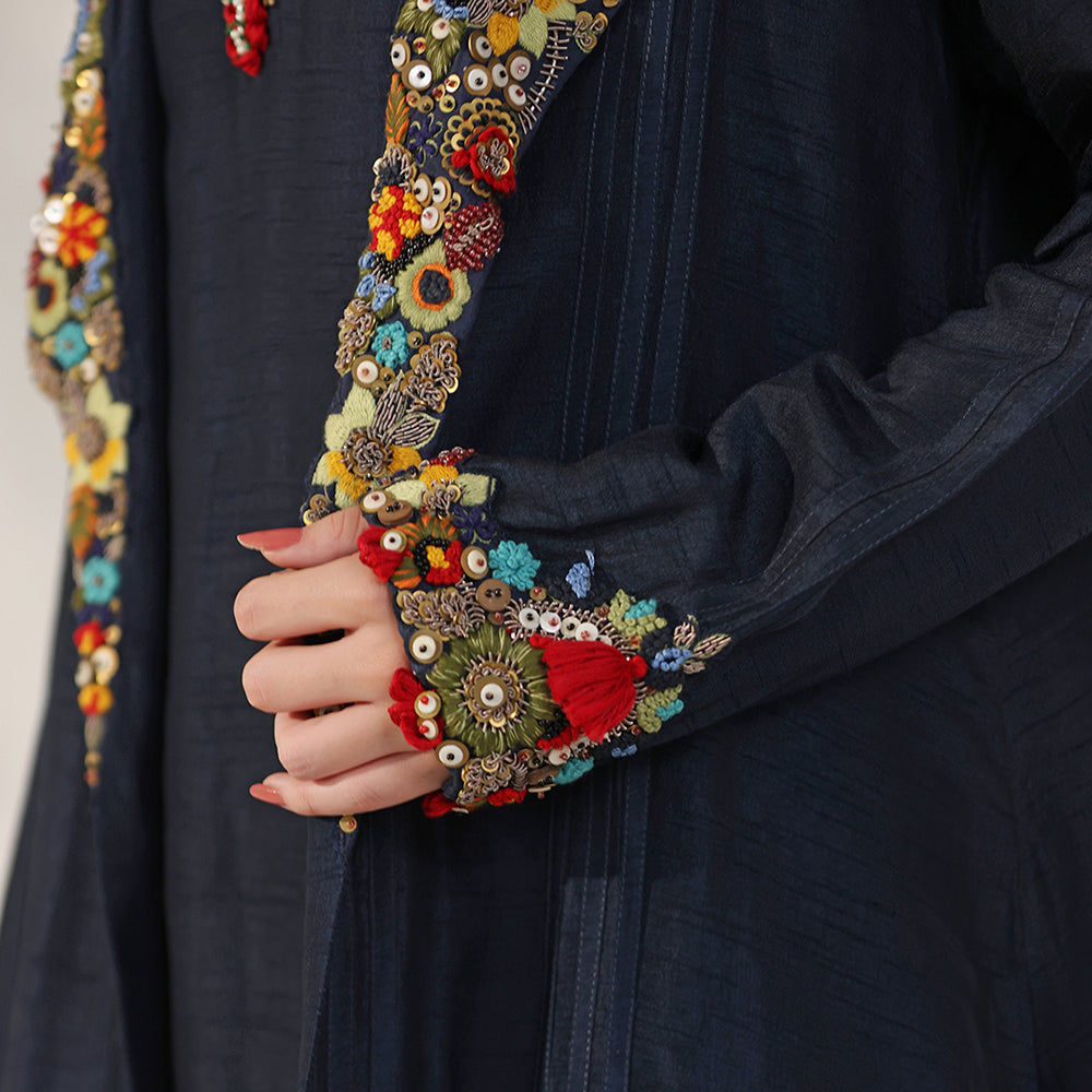Midnight Navy Longline Jacket With Vibrant Multicolour Floral Embroidery On The Collar & Cuffs, Layered Over Matching V-Neck Inner Dress - image 8