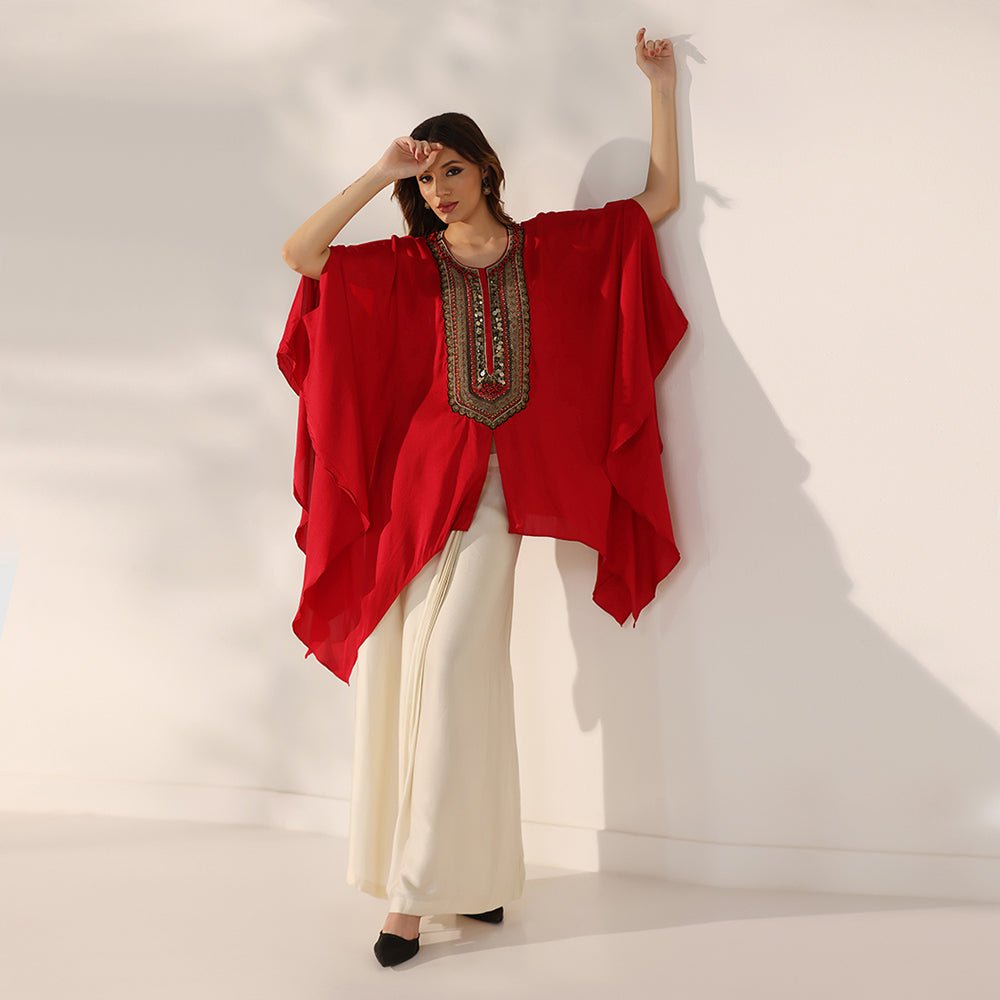 Red Flowing Cape-Style Top With An Embellished Yoke & Asymmetric Draped Sleeves, Paired With An Ivory Draped Skirt - image 2