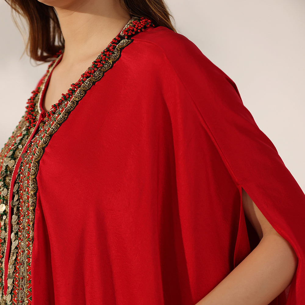 Red Flowing Cape-Style Top With An Embellished Yoke & Asymmetric Draped Sleeves, Paired With An Ivory Draped Skirt - image 7