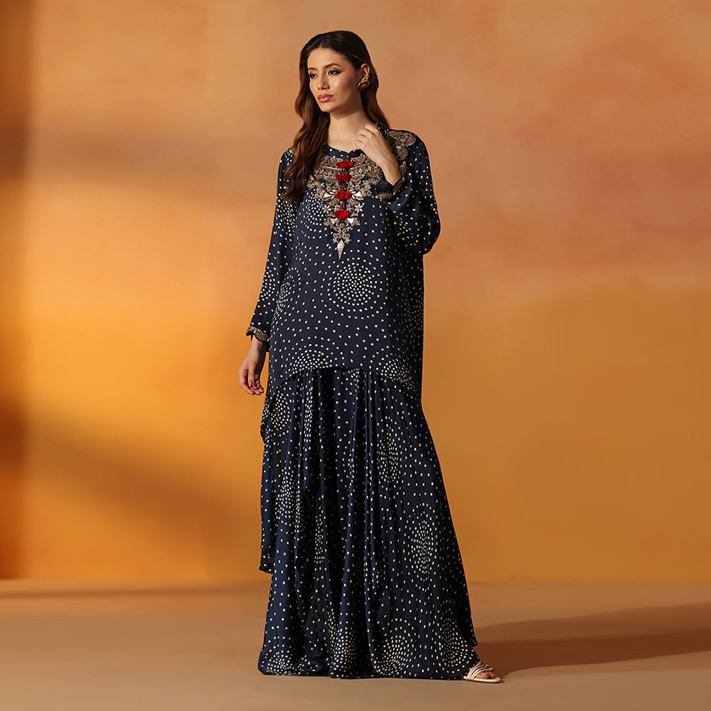 A Navy Blue Bandhani-Print Tunic With An Embroidered Yoke & Red Tassel Detailing - image 1