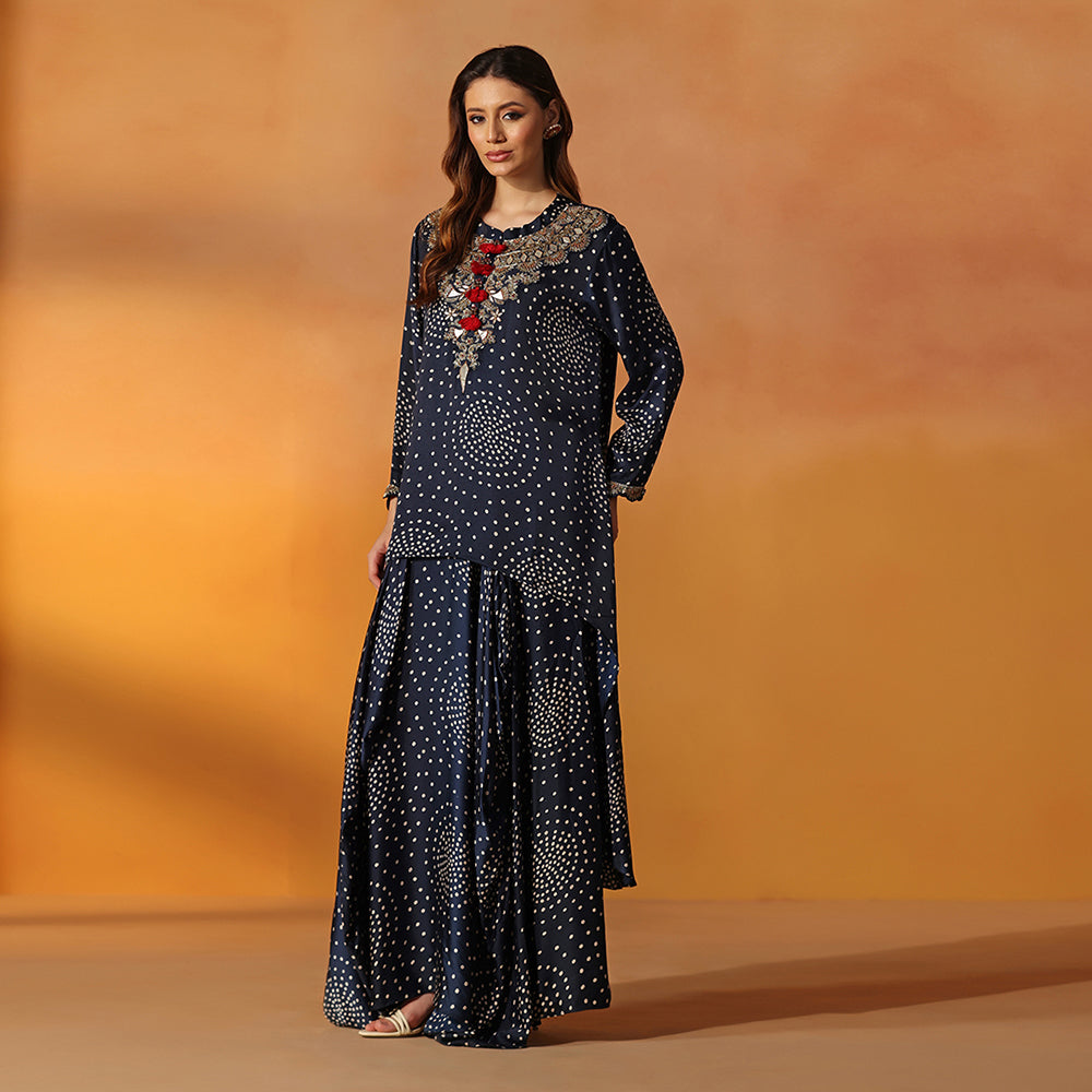 A Navy Blue Bandhani-Print Tunic With An Embroidered Yoke & Red Tassel Detailing - image 3