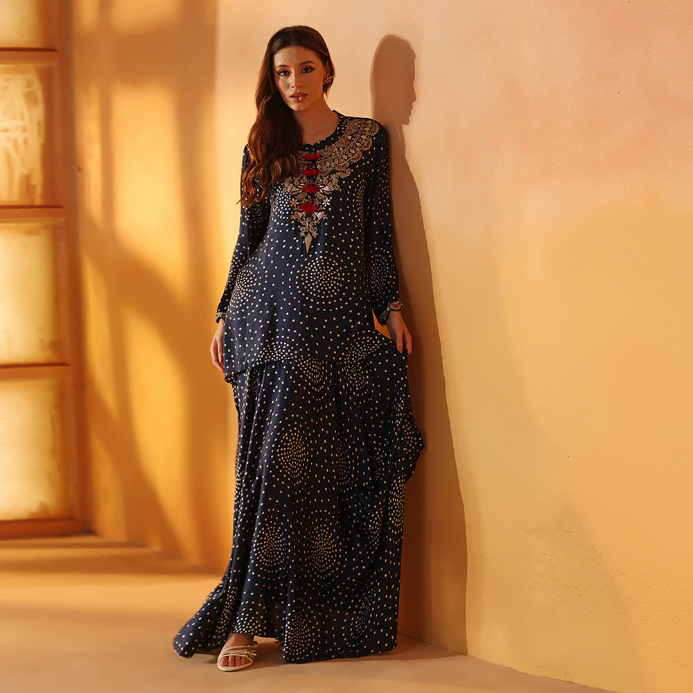 A Navy Blue Bandhani-Print Tunic With An Embroidered Yoke & Red Tassel Detailing - image 5