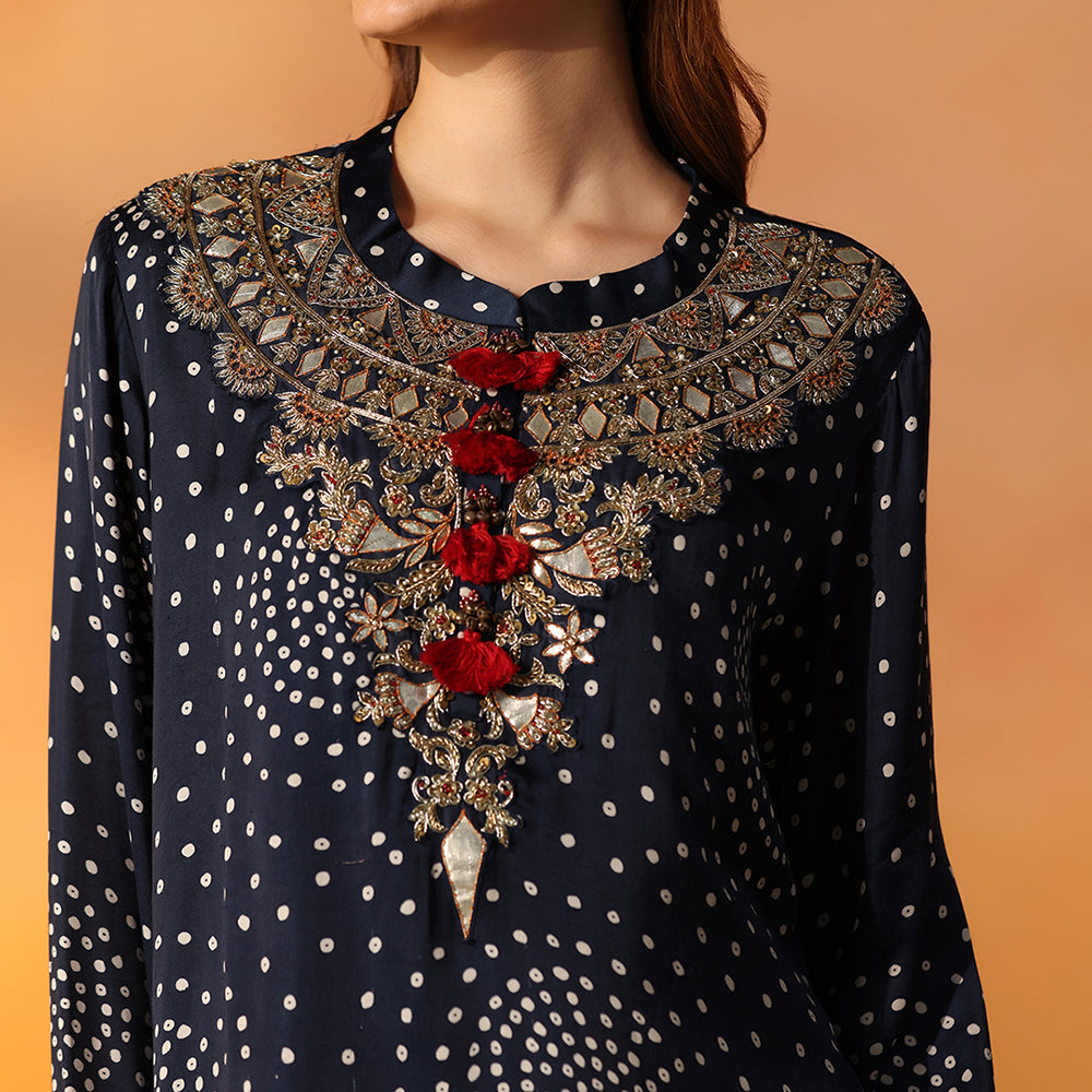A Navy Blue Bandhani-Print Tunic With An Embroidered Yoke & Red Tassel Detailing - image 6