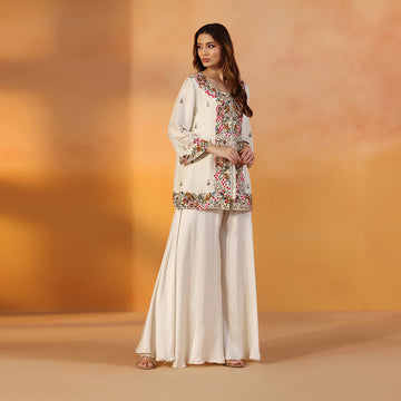 Ivory Open-Front Jacket With Vibrant Multicolour Floral Embroidery & Bead Detailing, Paired With A Flowing, Flared Sharara - image 2