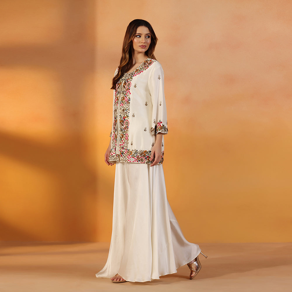 Ivory Open-Front Jacket With Vibrant Multicolour Floral Embroidery & Bead Detailing, Paired With A Flowing, Flared Sharara - image 3