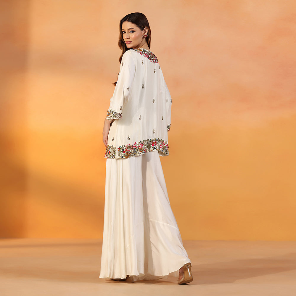 Ivory Open-Front Jacket With Vibrant Multicolour Floral Embroidery & Bead Detailing, Paired With A Flowing, Flared Sharara - image 4