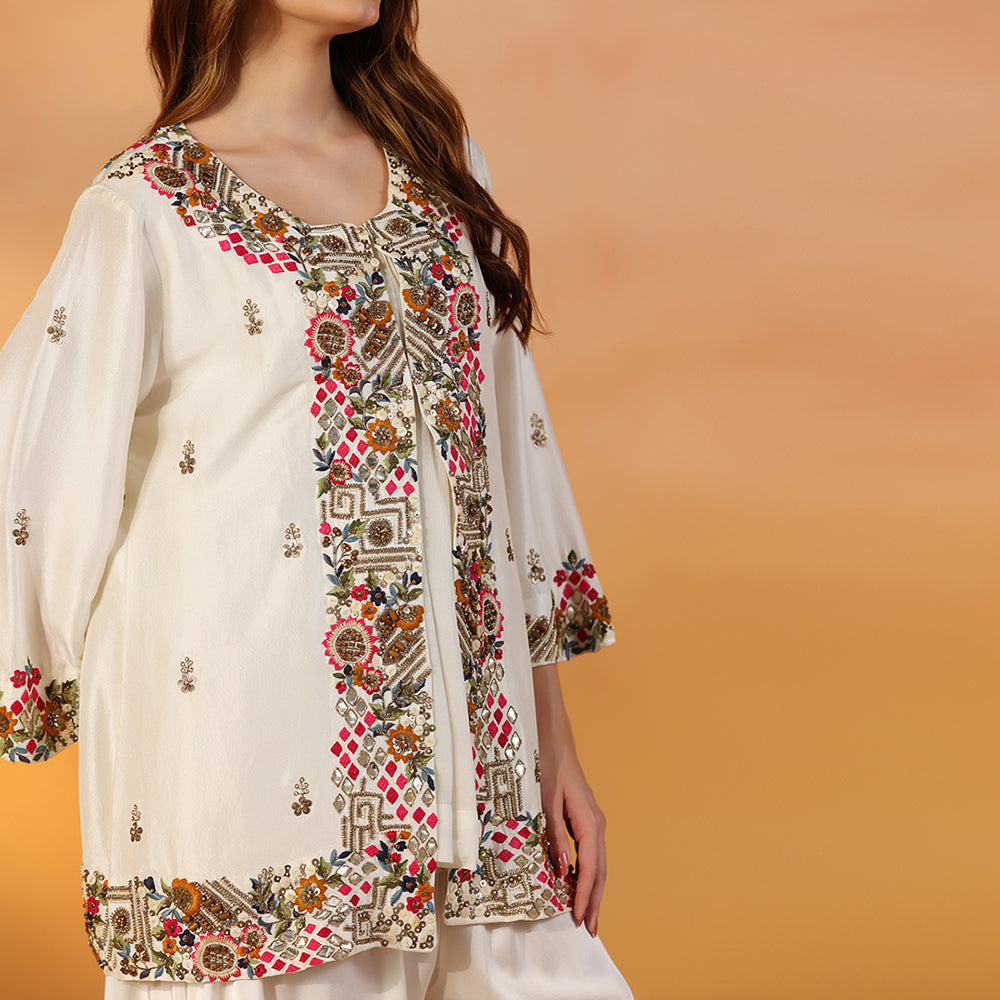 Ivory Open-Front Jacket With Vibrant Multicolour Floral Embroidery & Bead Detailing, Paired With A Flowing, Flared Sharara - image 5