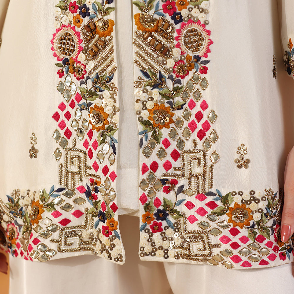 Ivory Open-Front Jacket With Vibrant Multicolour Floral Embroidery & Bead Detailing, Paired With A Flowing, Flared Sharara - image 6