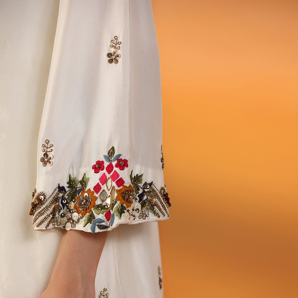 Ivory Open-Front Jacket With Vibrant Multicolour Floral Embroidery & Bead Detailing, Paired With A Flowing, Flared Sharara - image 7