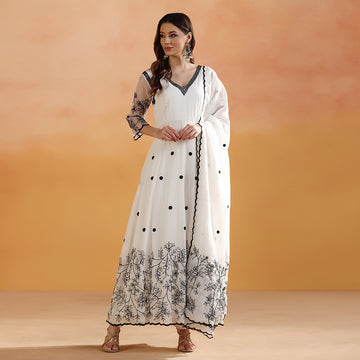 Off-White Anarkali With Black Floral Thread Embroidery, Polka Dot Detailing, & Sheer Embroidered Sleeves, Paired With A Scalloped-Edge Dupatta - image 1
