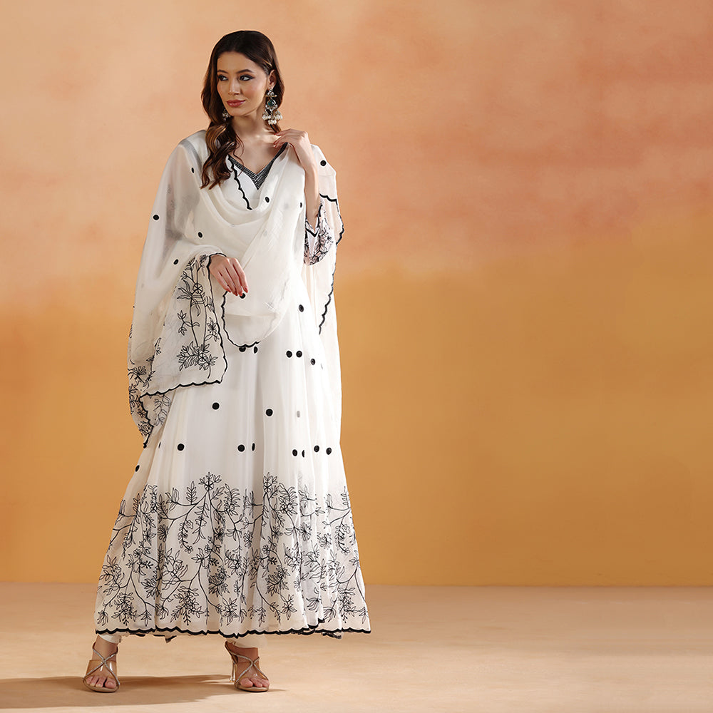 Off-White Anarkali With Black Floral Thread Embroidery, Polka Dot Detailing, & Sheer Embroidered Sleeves, Paired With A Scalloped-Edge Dupatta - image 2